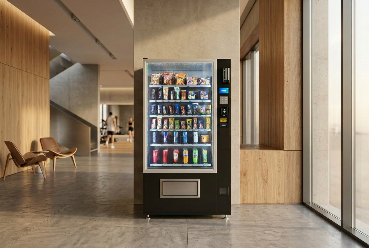 Distributeur automatique clé en main Distrib Inc Distributeur automatique premium Distrib Inc installé dans un club de padel — boissons, snacks et accessoires